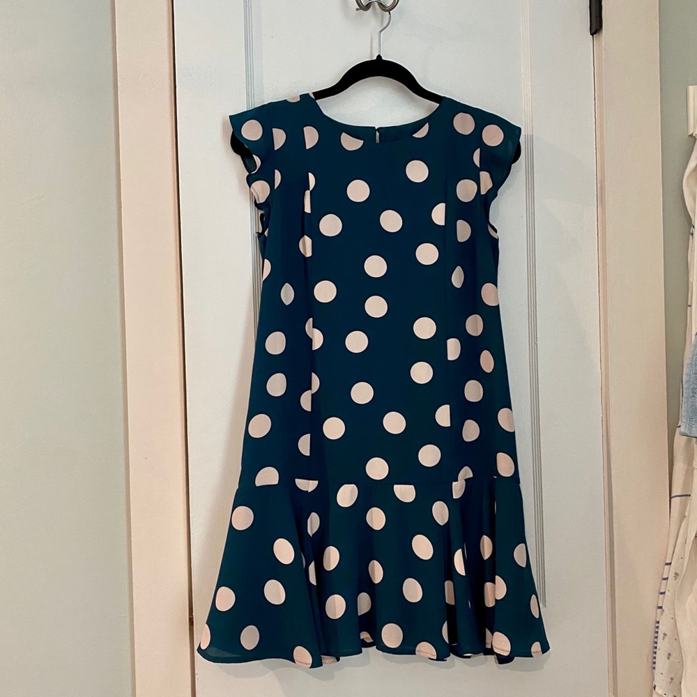 Loft Green teal dress with pale pink dots